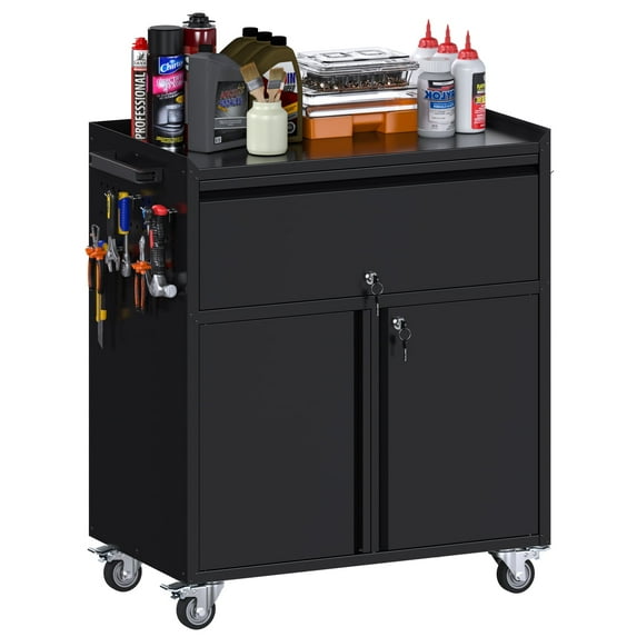 JAORD Metal Mobile Storage Cabinet with 1 Drawer, Storage Chest for Garage Utility Room,Black, Assembly Required