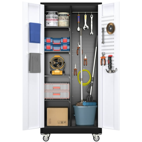 JAORD Metal Rolling Garage Storage Cabinets with Hanging Rod and 5 Pegboards, Steel Utility Tool Storage Cabinets with 4 Shelves & Locking Doors, Assemble Required