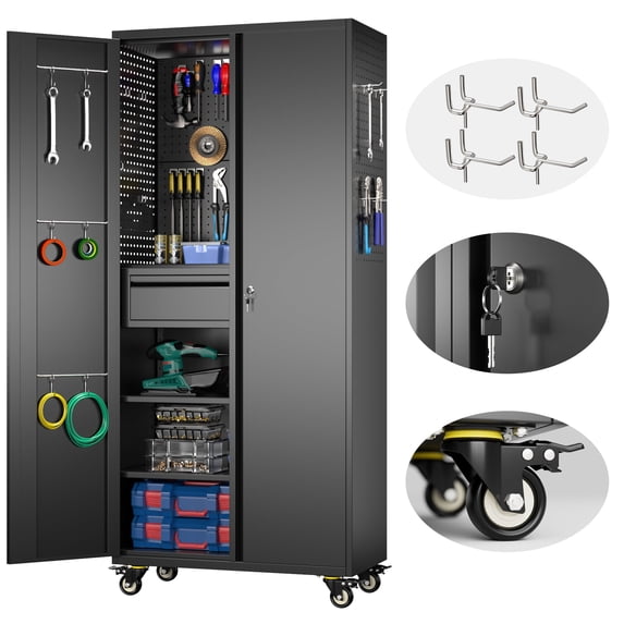 JAORD Metal Rolling Storage Cabinet with 1 Drawer & Pegboards, Workbench Mobile Tool Chests Garage Cabinets with 4 Wheels,Assemble Required