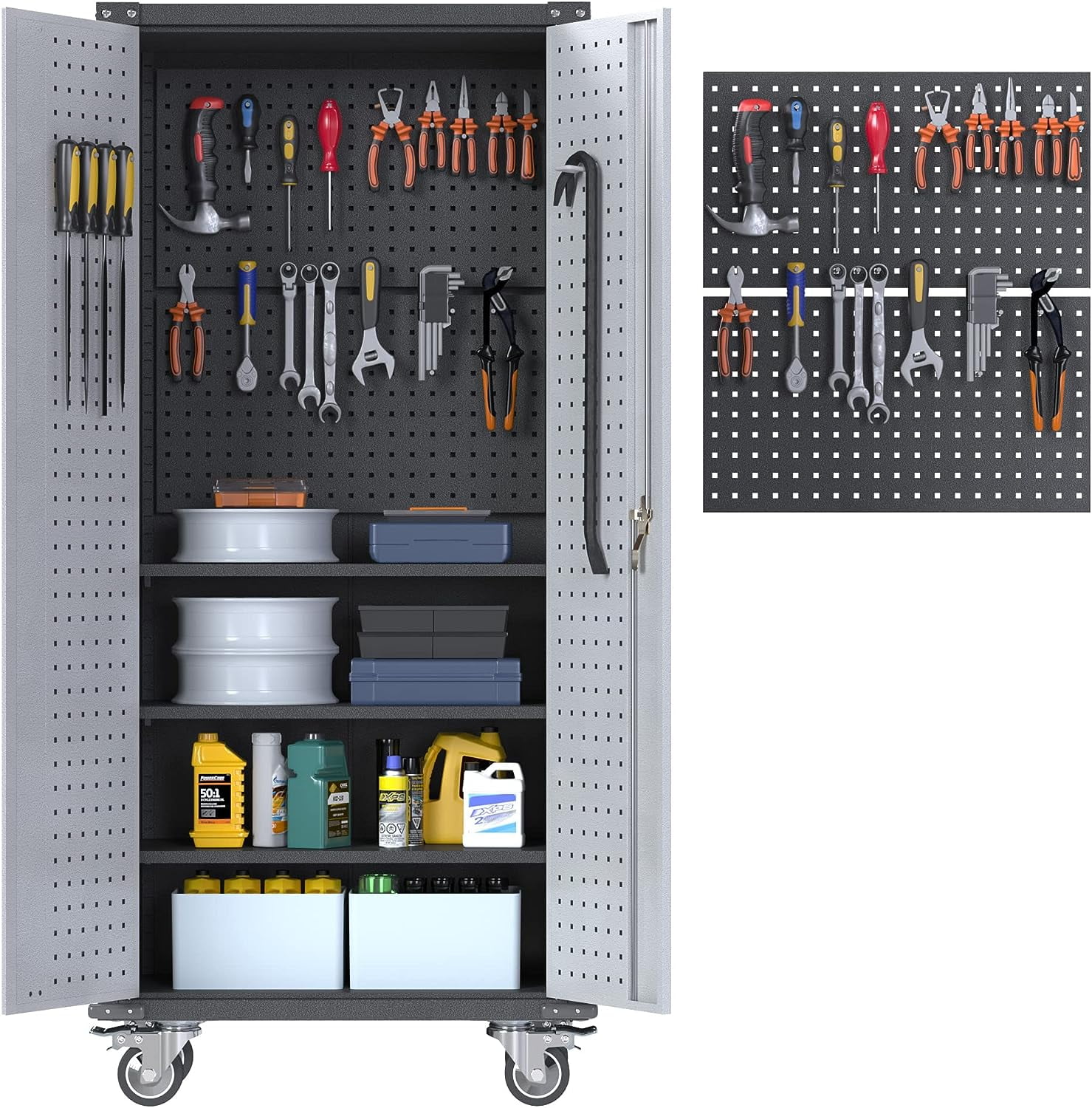 JAORD Metal Rolling Storage with Pegboard, Adjustable Shelves