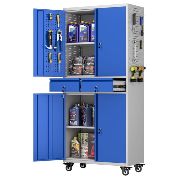 JAORD Metal Storage Cabinet with 2 Drawer and Pegboards,71" H Top Workbench Mobile Tool Chests Garage Cabinets with 4 Wheels,Tool Cabinets for Home,Office,Shop,Assembly Required, Blue