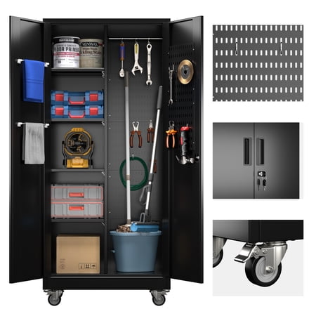 JAORD Metal Storage Cabinet t with Hanging Rod and Pegboards,71" H Top Workbench Mobile Tool Chests Garage Cabinets with 4 Wheels,Assembly Required