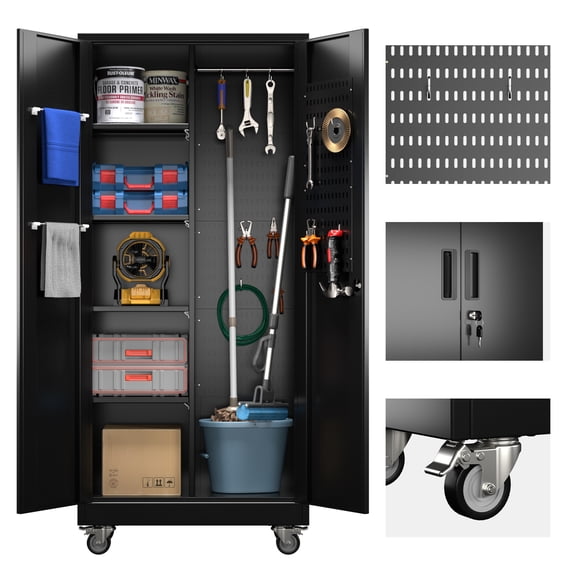 JAORD Metal Storage Cabinet t with Hanging Rod and Pegboards,71" H Top Workbench Mobile Tool Chests Garage Cabinets with 4 Wheels,Assembly Required