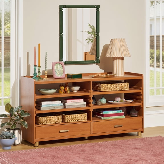 Beautiful by Drew Barrymore Maurice TV Stand for TVs Up to 70", Japandi Style, Cherry Finish