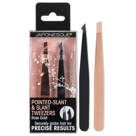 JAPONESQUE Pointed-Slant & Slant Tweezers, 2 Pack for Eyebrow Grooming, Facial Hair Removal, Rose Gold and Black, Stainless Steel