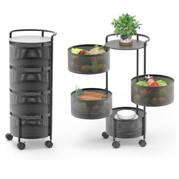 JAQ No Assembly Rotating Kitchen Storage Rack, 4-Tier Metal Basket Organizer with Wheels, Vegetable & Fruit Storage Cart for Pantry, Potato and Onion Storage, Black