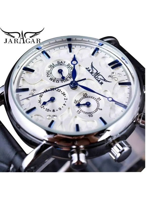 JARAGAR Brand Men Automatic Self Wind Mechanical Watch White 3 Dials Calendar Blue Hands Simple Business Leather Band Wristwatch