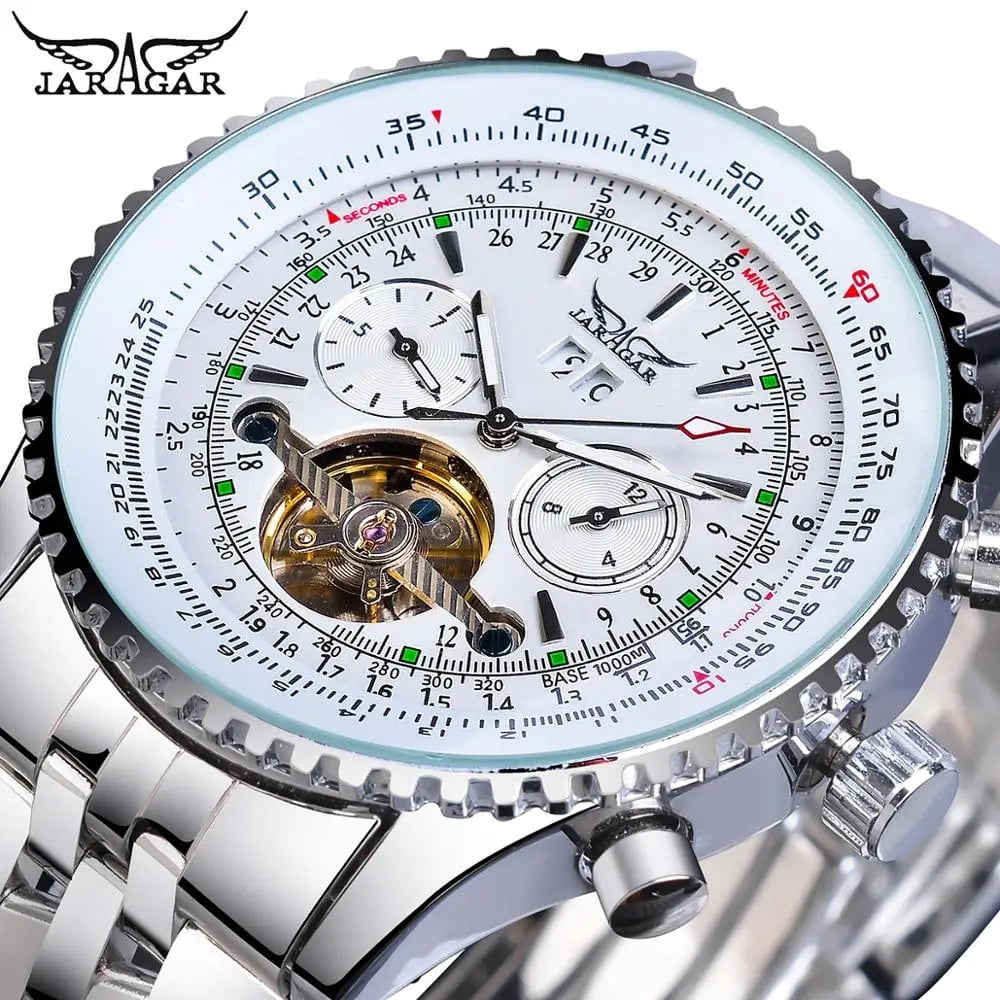 JARAGAR alloy mechanical watch Casual fashion flywheel mechanical movement Mechanical watch Calendar Steel strap wrist watch
