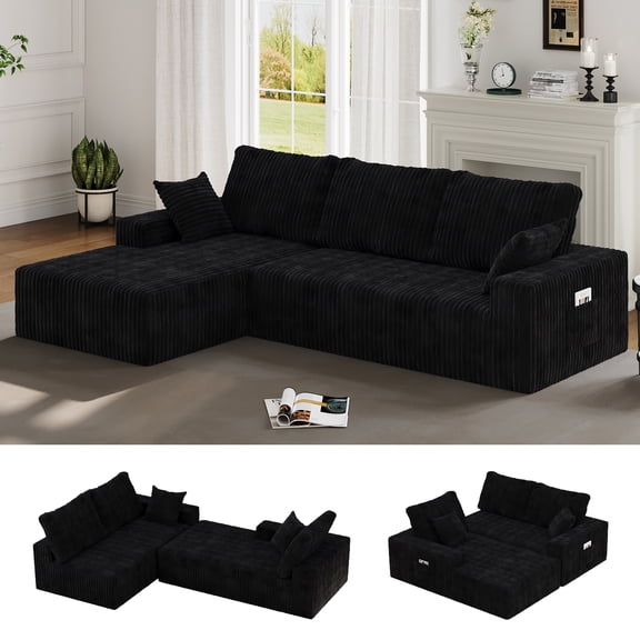 JARCLIC 108" Modular Sectional Couch with Chaise, Modern Boneless Couch for Living Room, Oversized Sofa Sleeper with Deep Seat, Black