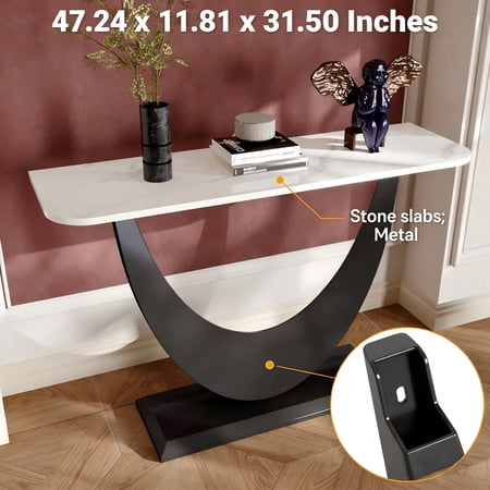JARCLIC 47" Modern Console Table, Faux Marble Stone Top & Black Metal Base, Narrow Entryway Table
