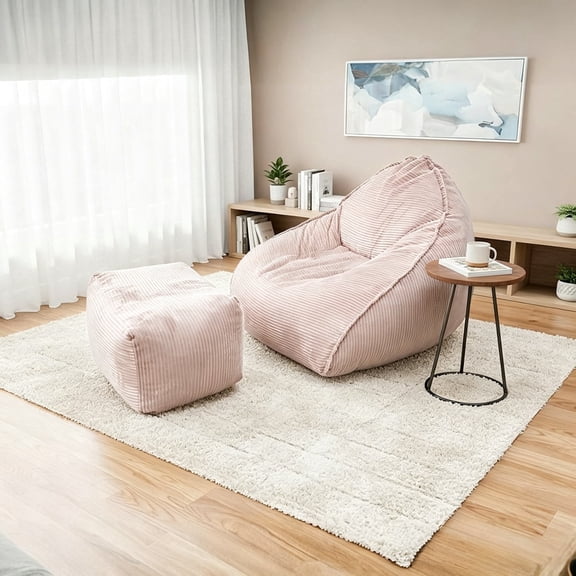 JARCLIC Large Bean Bag Chairs for Adults, Lazy Floor Chair with Ottoman for Living Room, Shell-Shaped Bean Bag Couch for Kids (Pink)