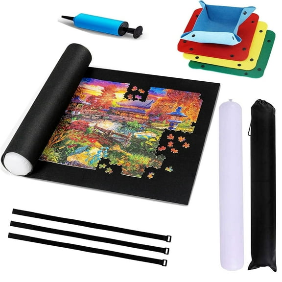 JARENGO Large Felt Portable Puzzle Mat, Keeper up to 1500 Pieces 4 Puzzle Sorting Trays and Roll up Travel Camping Storage Bag for Kids Family, 46” x 26”
