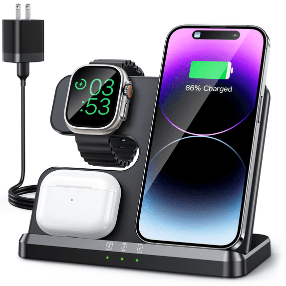JARGOU 3 in 1 Wireless Charger for iPhone 14 13 12 11 X/8 Series, for iWatch & for AirPods Black