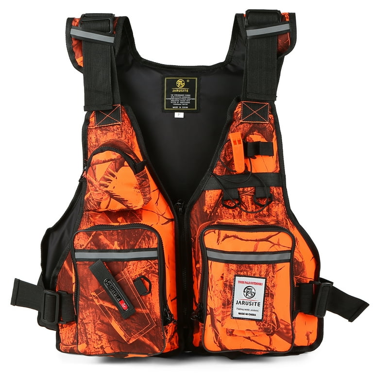Jarusite Multi-Pockets Fly Fishing Jacket Vest with Water Bottle Holder ,Orange, Size: 110KG (242lb)