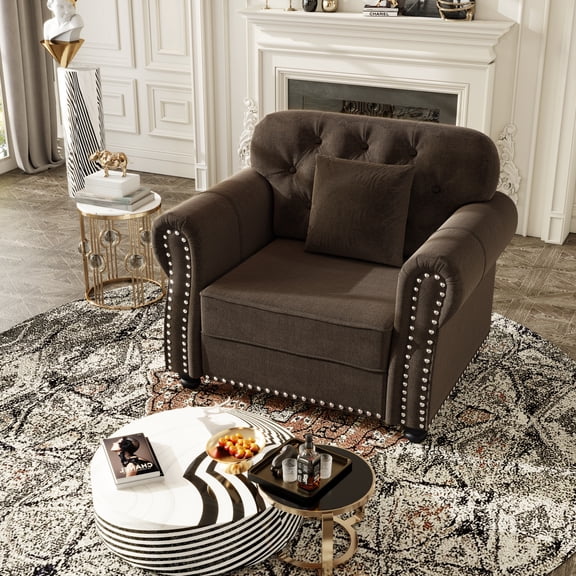JAS 41.3" Upholstered Velvet Sofa with Nailhead Trim & Rolled Armrests, Mid-Century Modern Chesterfield Button Tufted Sofa with 1 Pillow, Brown