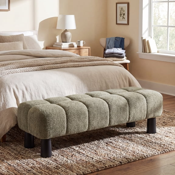 JAS 62.6" Green Boucle Upholstered Bench Ottoman, Plywood & Rubberwood Frame End of Bed Bench, 350lbs Weight Capacity for Bedroom Entryway Living Room