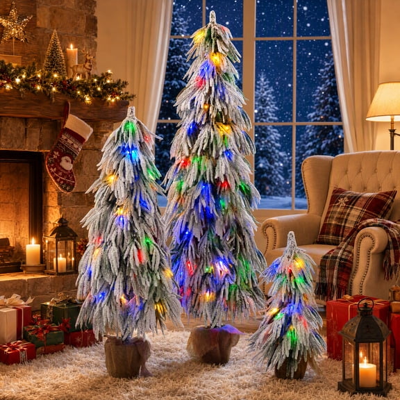 JAS Pre-Lit Flocked Christmas Tree Set of 3, 3FT/4.5FT/6FT Artificial Christmas Trees with 235 Warm White & Multi-Color LED Lights, 11 Modes, Rustic Burlap Pot Base for Holiday Home Decor