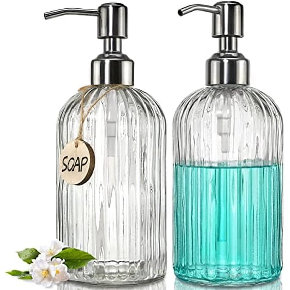 2PACK 18 Oz Glass Soap Dispenser with Rust Proof Stainless Steel Pump, Refillable Hand Soap Dispenser with Vertical Stripe, Premium Bathroom soap Dispenser for Kitchen & Bathroom