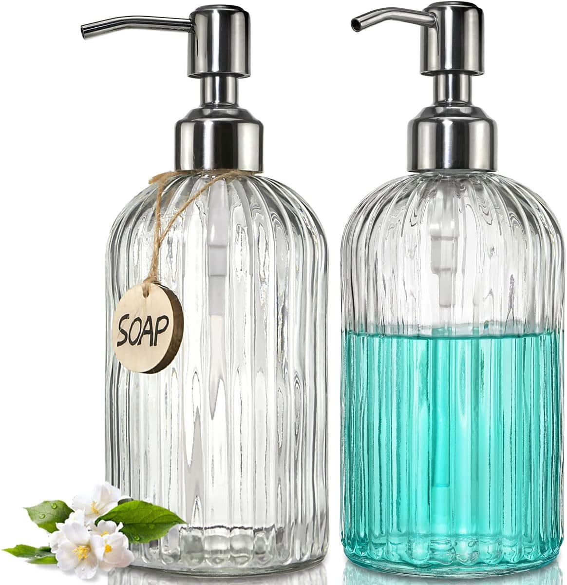2PACK 18 Oz Glass Soap Dispenser with Rust Proof Stainless Steel Pump, Refillable Hand Soap Dispenser with Vertical Stripe, Premium Bathroom soap Dispenser for Kitchen & Bathroom