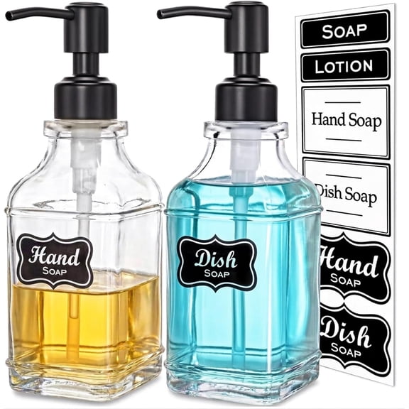 JASAI 2Pack Antique Design Glass Soap Dispenser with Rust Proof 304 Stainless Steel Pump, Refillable Hand Soap Dispenser with 10Pcs Stickers, Premium Soap Dispensers for Kitchen & Bathroom (Clear)