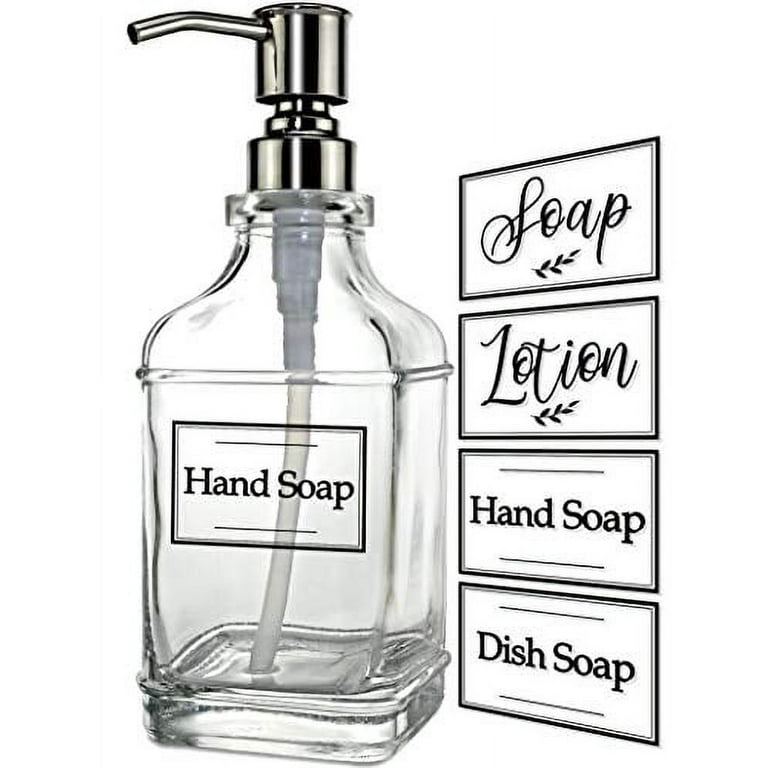 Janxin Glass Soap Dispenser for Kitchen with Stainless Steel Pump and Wood  Tray, Modern Bathroom Dispenser with Waterproof Labels for Hand, Dish Soap
