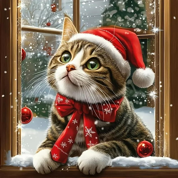JASGARDE 5D Diamond Painting Kits for Adults, Christmas Cat Diamond Art for Beginners, DIY Winter Full Round Drill Paint by Diamonds Dot Gem Art for Adults, Home Wall Decor 12x12 Inch