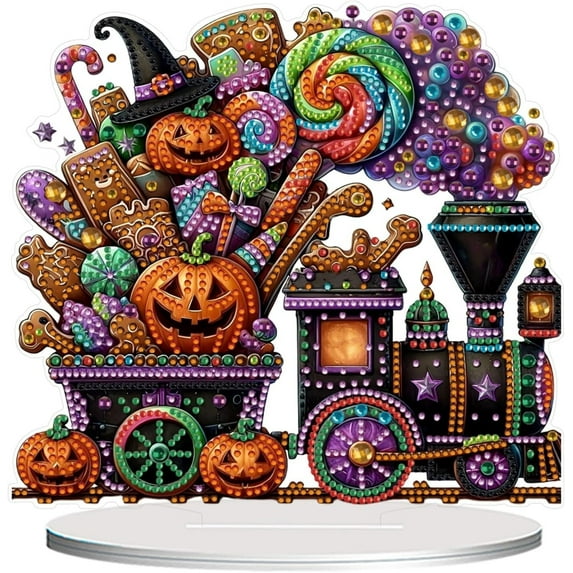 JASGARDE DIY Tabletop Diamond Art Painting Kit, Special Shaped Rhinestone Desk Placement Ornament, 5D Home Stand Up Gem Painting Craft Kit, Gift, Double Sided, Halloween Train