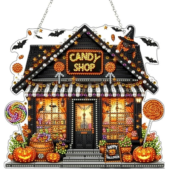 JASGARDE Diamond Art Hanging Kit for Adult, Special Shaped Rhinestone, DIY Acrylic Diamond Art Painting Window Pendants, Home Garden Wall Hanging Kits Hanging Ornament, Double Sided, Candy House
