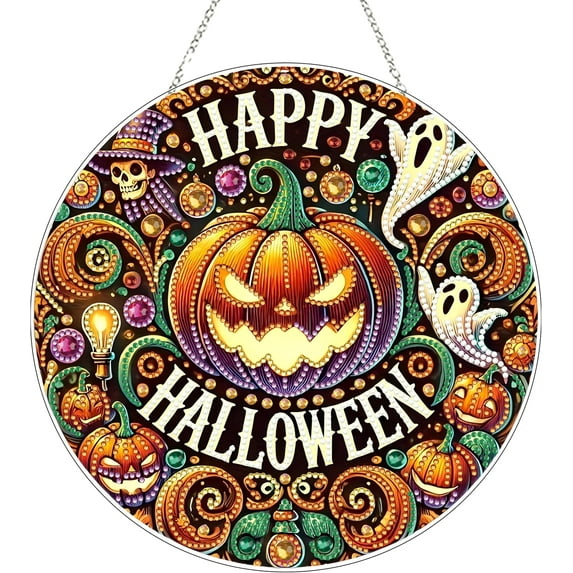JASGARDE Diamond Art Hanging Kit for Adult, Special Shaped Rhinestone, DIY Acrylic Diamond Art Painting Window Pendants, Home Garden Wall Hanging Kits Hanging Ornament, Double Sided, Happy Halloween