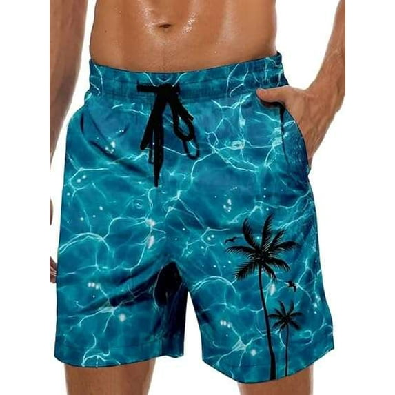 JASGARDE Men's Swim Trunks Hawaii Series Pattern Fashionable Sports Beach Shorts with Pockets Size M-3XL