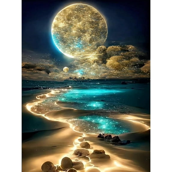JASGARDE Moon Diamond Art Painting Kits for Adults, Diamond Dots Paintings for Beginners, Round 5D Paint with Diamonds Pictures Gem Art Painting Kits, DIY Crafts Kits, Moonlight Beach, 12x16inch