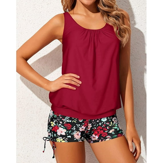 JASGARDE Two Piece Women's Tankini Swimsuits Blouson Swim Tank Top with Shorts Modest Bathing Suits