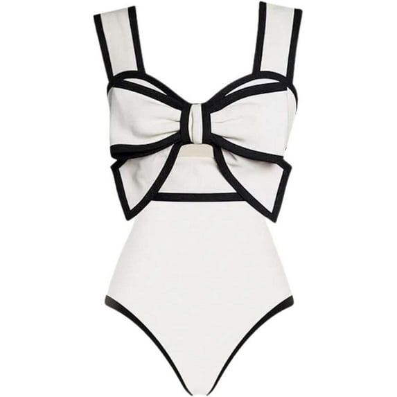 JASGARDE Women's Black and White One-Piece Swimsuit with Bow-tie Decor One Piece Bathing Suit Beachwear