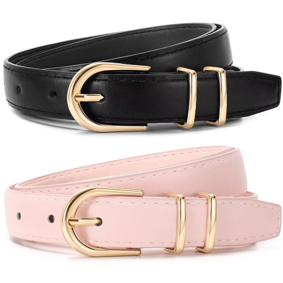 JASGOOD 2 Pack Belts for Women Fashion Skinny Leather Belt with Gold Buckle
