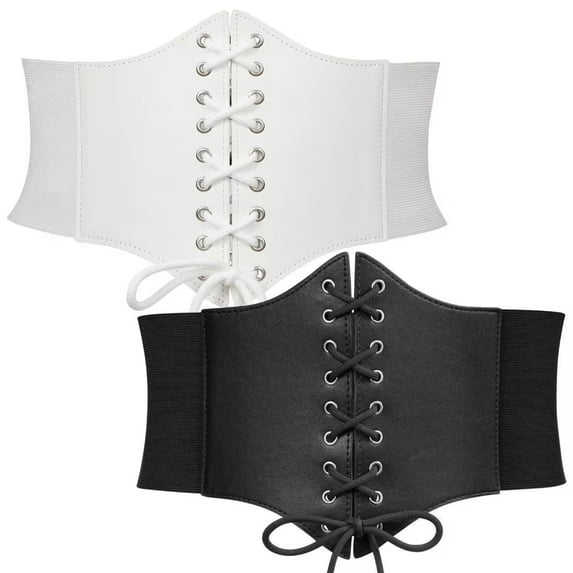 JASGOOD 2 Pack Corset Waist Belt for Women, Black White Wide Elastic Tie Waspie Belt for Dresses