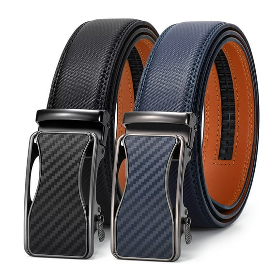 JASGOOD 2 Pack Leather Ratchet Belts for Men Automatic Ratchet Buckle Slide Belt for Dress Casual Trim to Fit