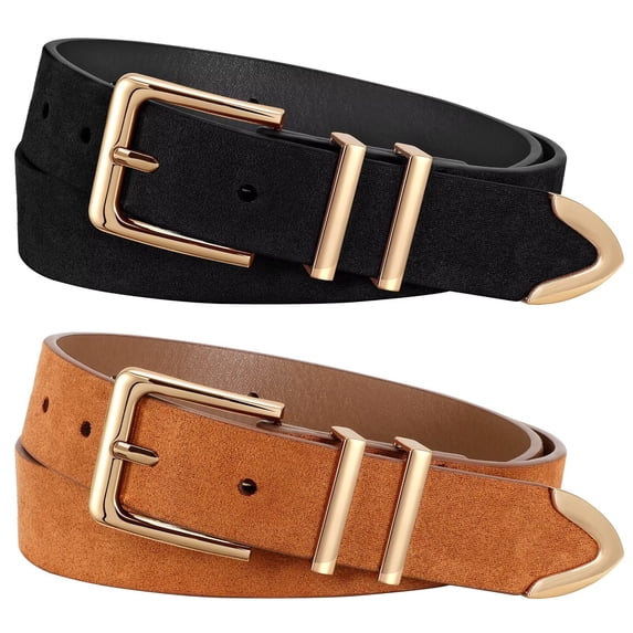 JASGOOD 2 Pack Suede Belts for Women Fashion Ladies Casual Waist Belt with Gold Buckle