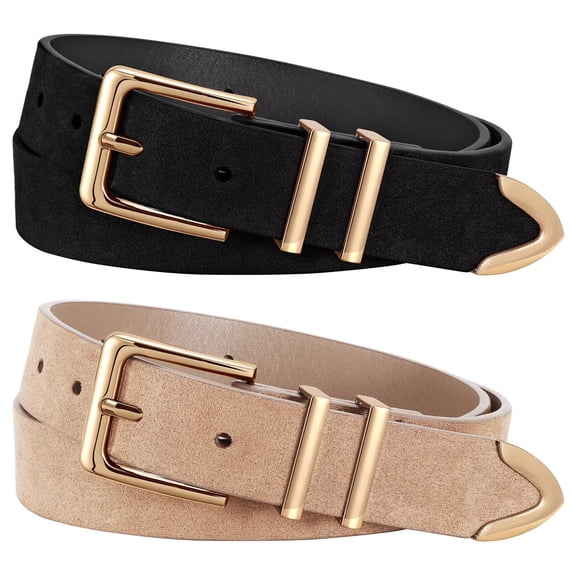 JASGOOD 2 Pack Suede Belts for Women Fashion Ladies Casual Waist Belt with Gold Buckle