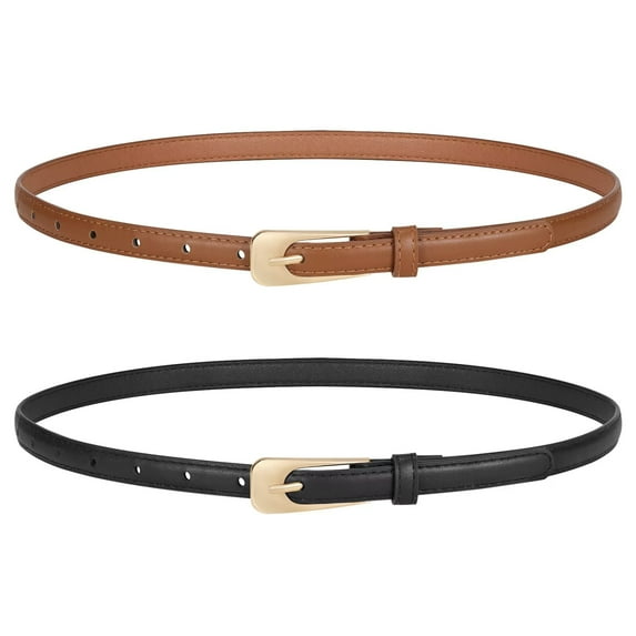 JASGOOD 2 Pack Women Thin Leather Belts Ladies Skinny Waist Belt for Dresses Jeans with Gold Buckle
