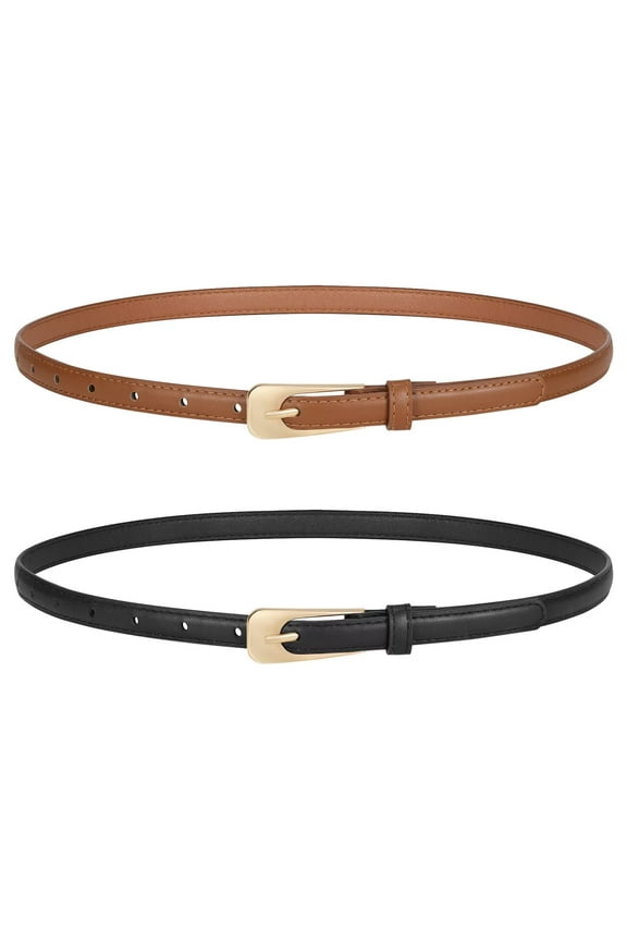 2 Pack Women Thin Leather Belts Ladies Skinny Waist Belt for Dresses Jeans with Gold Buckle