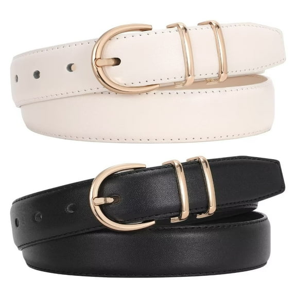 JASGOOD 2 Pack Women's Leather Belts for Jeans Dresses Fashion Gold Buckle Ladies Belt