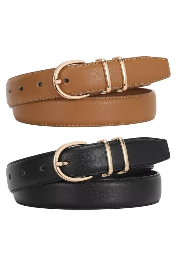 2 Pack Women's Leather Belts for Jeans Dresses Fashion Gold Buckle Ladies Belt