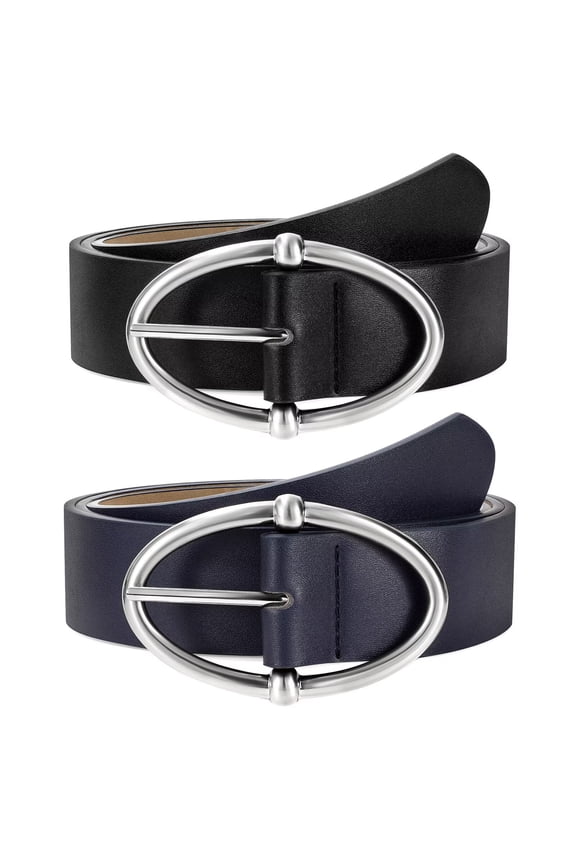 2 Packs Leather Belts for Women Fashion Ladies Belt with Silver Buckle