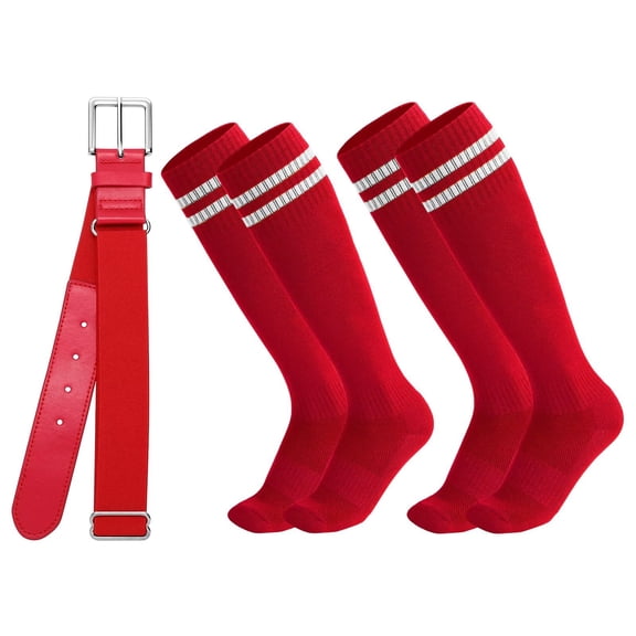 JASGOOD 2 Pairs Baseball Socks and 1 Belt for Youth Kids Unisex Softball Socks Red