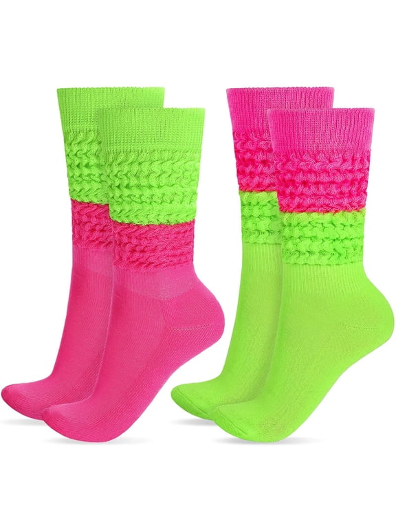 2 Pairs Neon Slouch Socks for Women 80s 90s Retro Scrunch Socks Soft Knee High Socks for Party,Dance