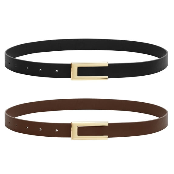 JASGOOD Women Leather Belts Thin Belt for Dresses with Gold Buckle,Black&Coffee