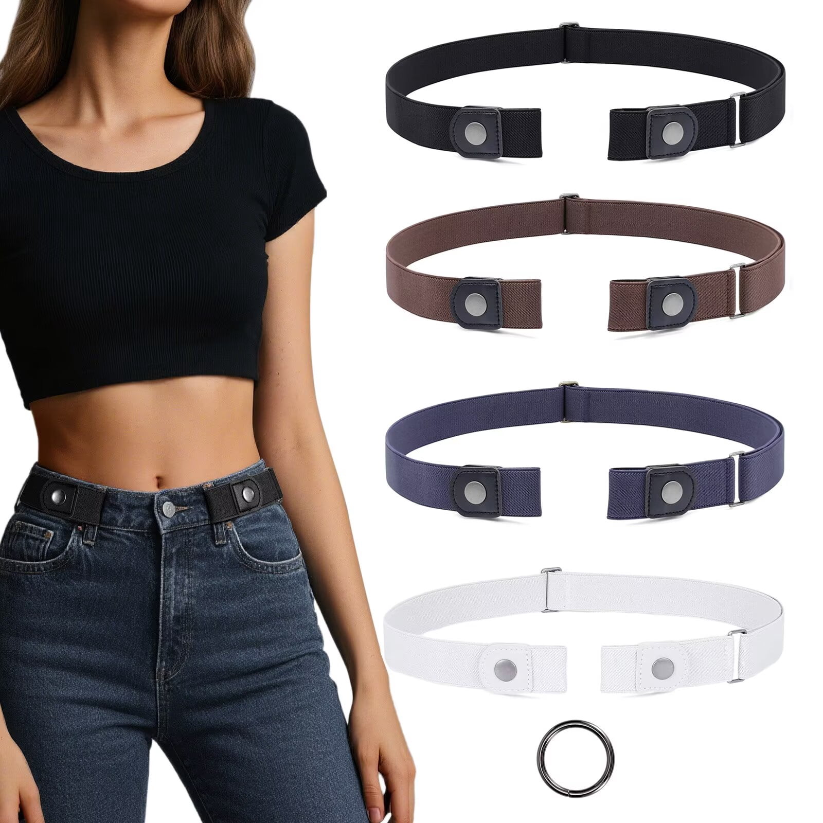 4927 4 Pieces No Buckle Stretch Women Belt For Jeans Pants, Ladies 4× No-Buckle Elastic Waist Belt Set Buckle-Free Comfort  main image 4