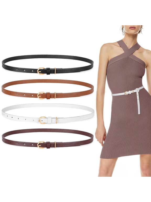 4Pack Skinny Leather Belt Women Thin Waist Belt Ladies Belt for Jeans Pants Dress