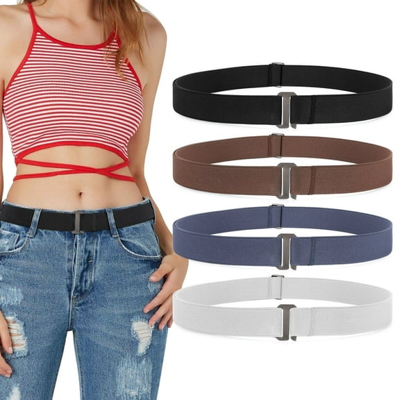 JASGOOD 4Packs No Show Belts Stretch Invisible Elastic Web Strap Belt for Women Men Flat Buckle Belts for Jeans Pants Dresses