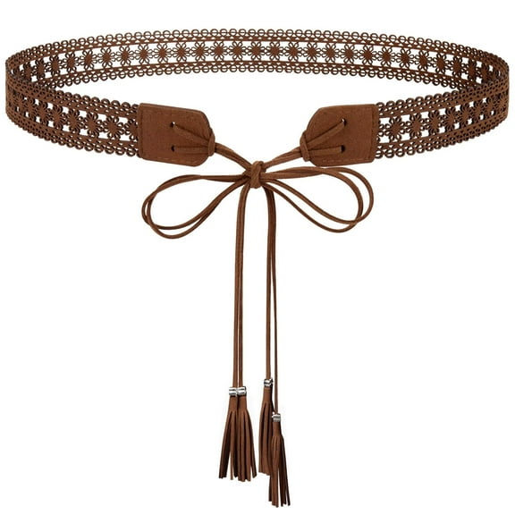 JASGOOD Boho Braided Tassel Belt for Women Western Ethnic Dress Belts Cowgirl Vintage Floral Hollow Waistband with Wax Rope